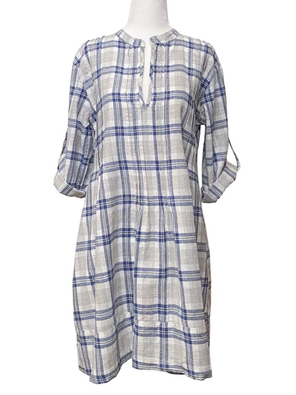 CP SHADES Plaid Linen Cotton Regina Tunic Dress V-Neck Roll Tab Sleeve Sz S Blue
